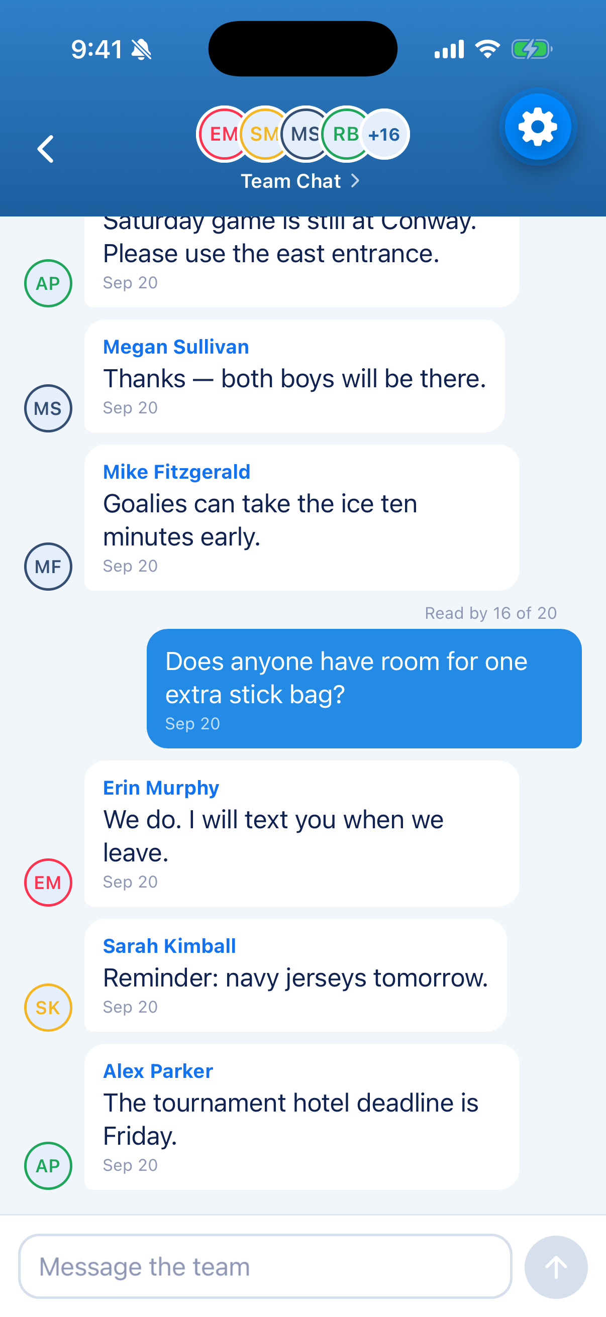 Team chat with a coach announcement and replies