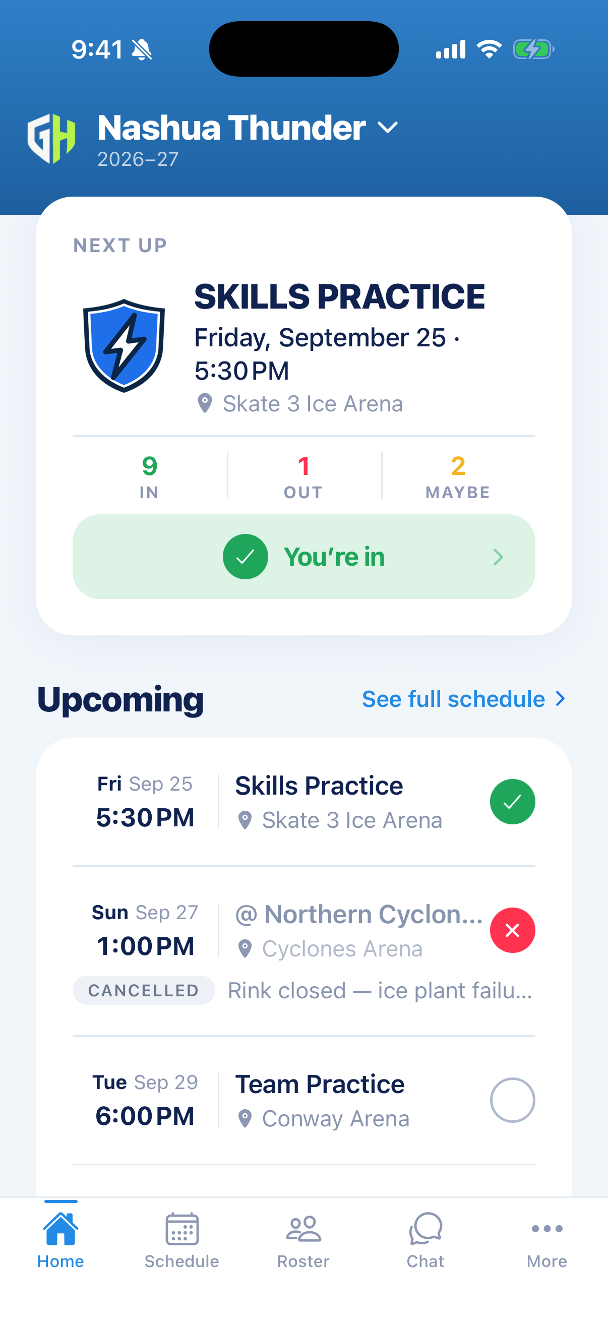Game Hero home screen showing the next game, RSVP counts and the upcoming schedule