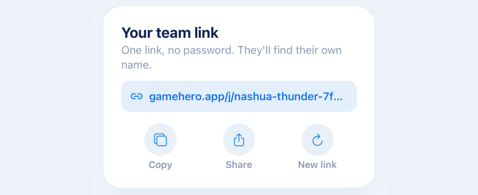 Invite screen with a shareable team link