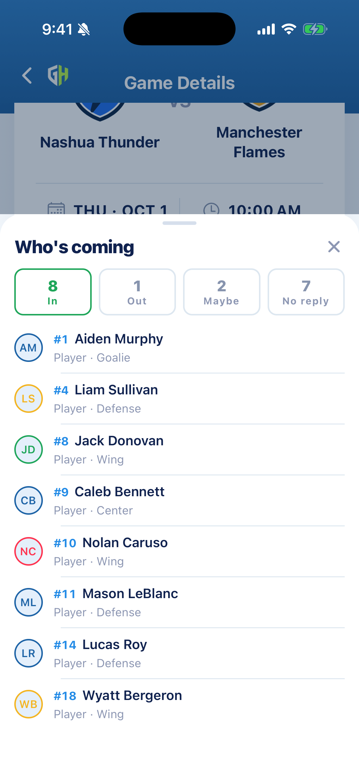 Game detail showing who is in, out or maybe