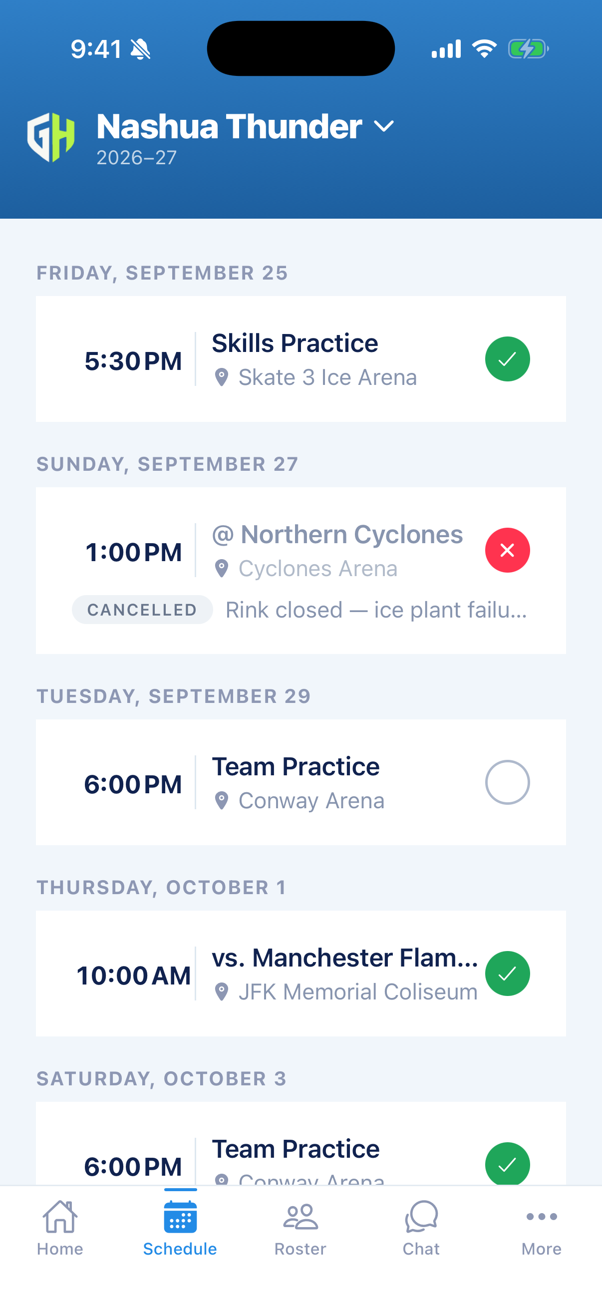 Season schedule with games, practices and a cancelled game