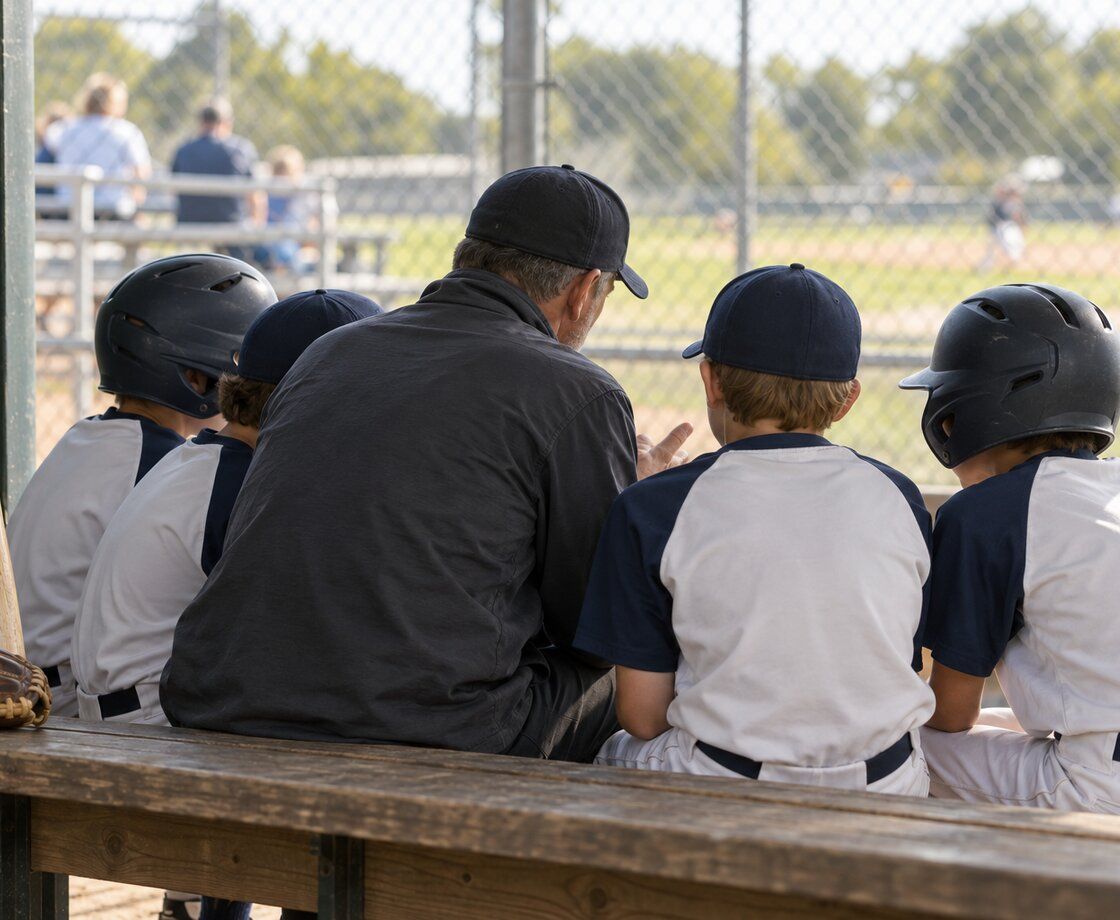 A coach talking with players on the bench while parents watch from the stands.