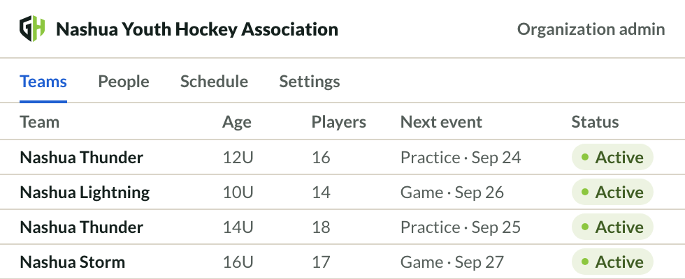 Organization dashboard listing all teams